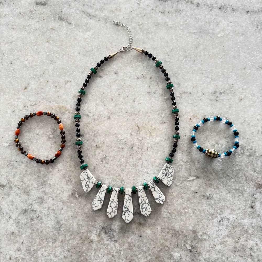 Handmade Tribal Aztec Multicolor Beaded Necklace and Bracelet Bundle